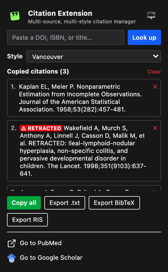The Citation Extension popup with a lookup box, a style menu set to Vancouver, three citations in its list, and buttons to copy all or export as text, BibTeX, or RIS.