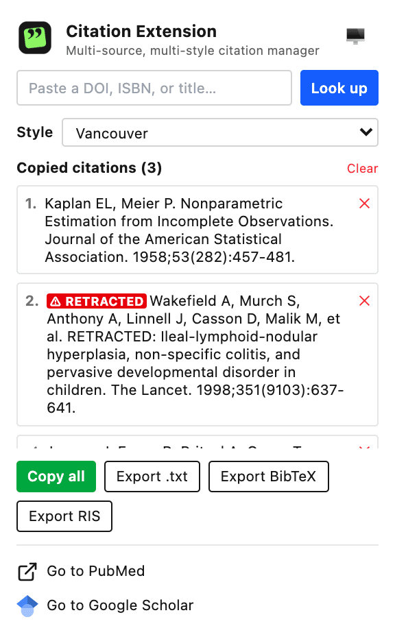 The Citation Extension popup with a lookup box, a style menu set to Vancouver, three citations in its list, and buttons to copy all or export as text, BibTeX, or RIS.